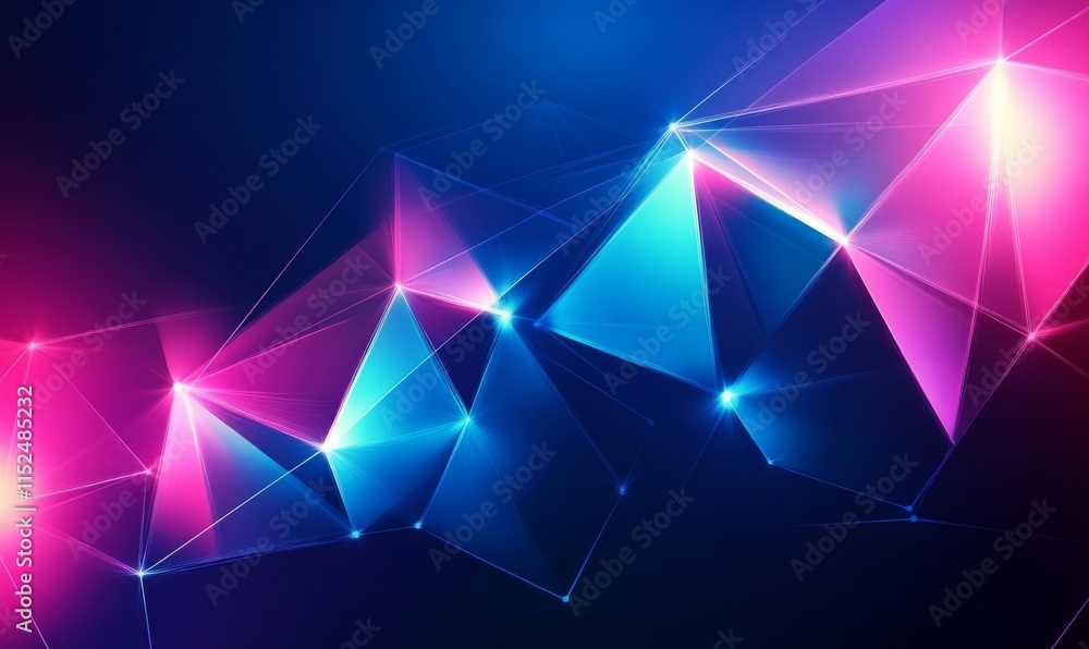 Poster illuminated, blue and pink three-dimensional surface with triangular pyramids. high tech, neon 3d ba