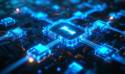 Fototapeta premium Futuristic Bitcoin symbol with glowing blue network connections. Digital blockchain and cryptocurrency concept for finance and technology design