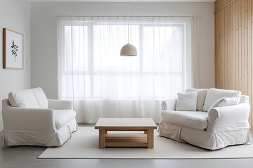 A Scandinavian interior design in the living room, finished with a minimalist, neutral color palette. Generative AI
