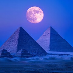 Pyramids of Giza with Full Moon in Twilight Sky