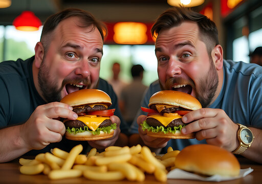 fat men devour large juicy burgers fast food