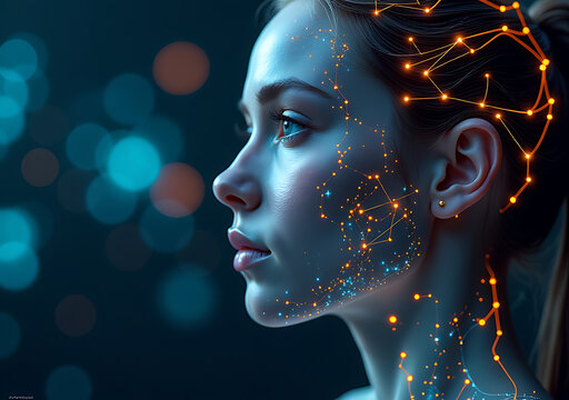 female humanoid head merged supercomputer represents artificial intelligence futuristic neural network connection
