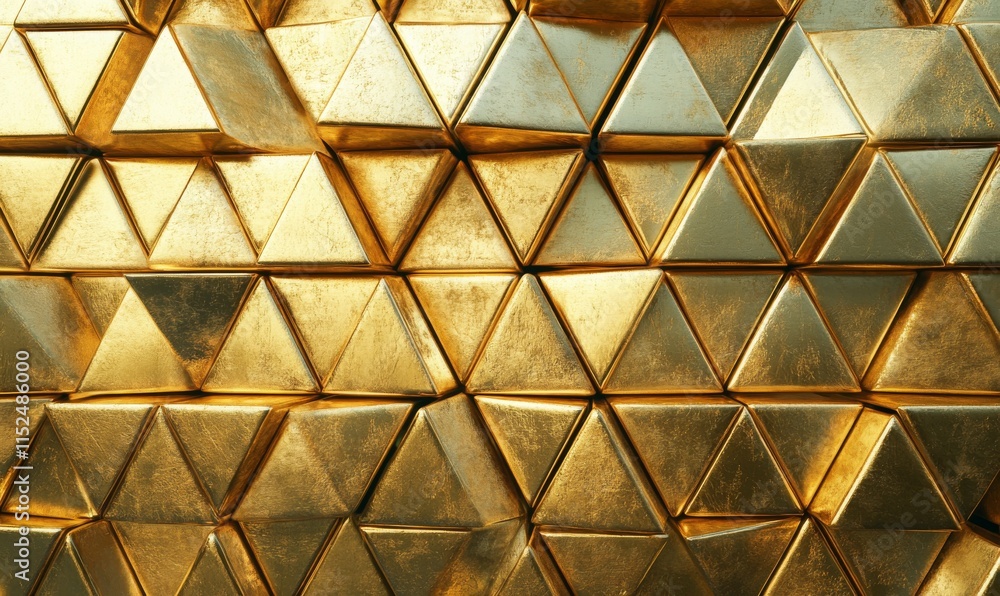 Poster gold mosaic tiles arranged in the shape of a wall. triangular wall. luxurious, polished bullion stac