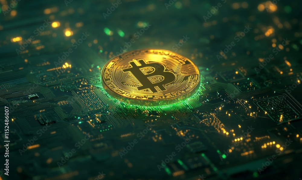 Poster golden bitcoin coin on glowing green circuit board. cryptocurrency and blockchain technology concept