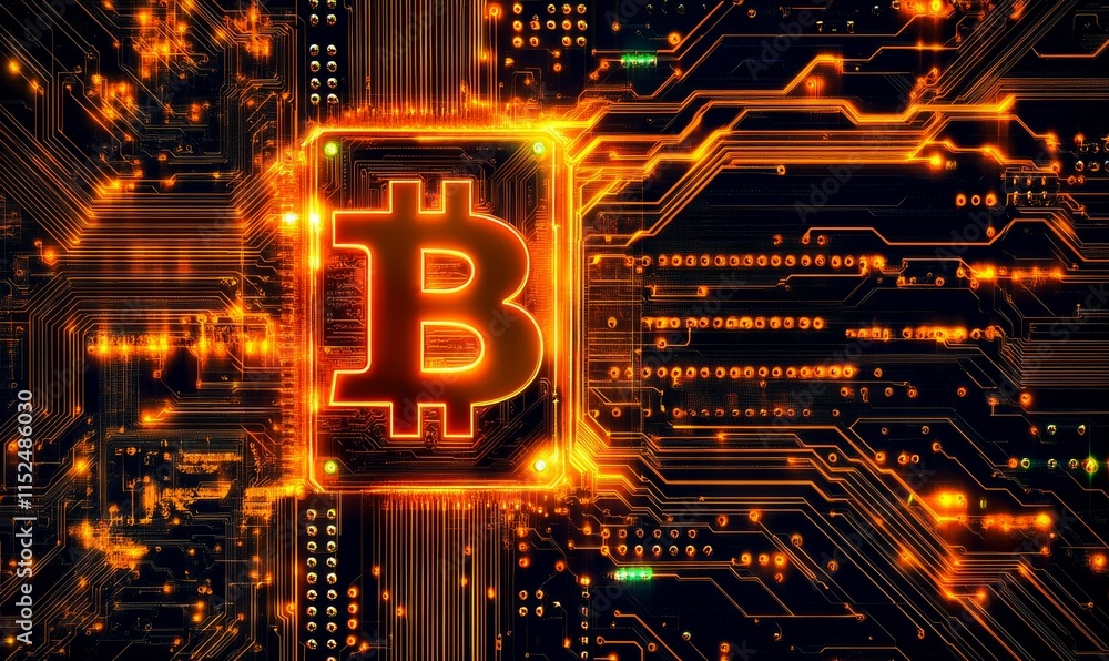 Poster golden bitcoin symbol on digital circuit board background. cryptocurrency and blockchain technology 