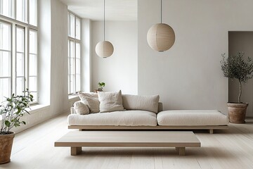 A modern Scandinavian interior design with pendant lighting and a spacious living room with a sofa and table. Generative AI
