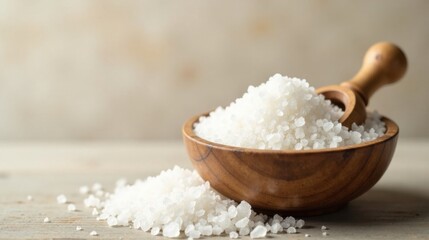 Wooden bowl filled with sea salt crystals and a small wooden scoop. A scattering of salt crystals spills out onto a neutral-toned surface.