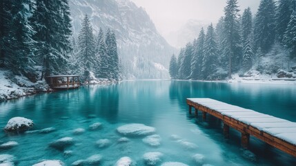 Snow-covered wooden dock on a crystal-clear lake in a snowy mountain landscape.