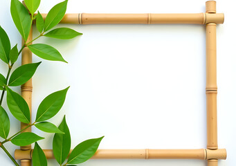 fresh green leaves decorate natural bamboo frame white