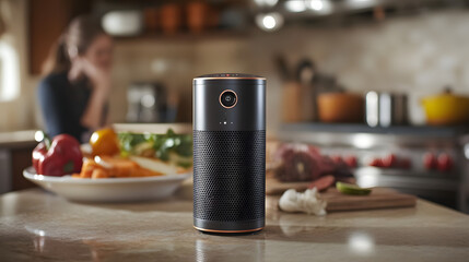 A smart home device sits on a kitchen counter, with a blurred background of a woman and food preparation. Modern kitchen technology in a home setting.