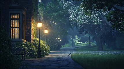 Obraz premium Illuminated Pathway Winding Through A Nighttime Garden