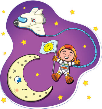 Illustration of a child astronaut in space with the moon and a space rocket. Ideal for promotional and educational materials
