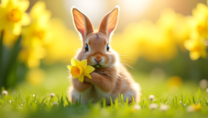 Fototapeta premium Charming bunny holding daffodil flower in sunny spring meadow