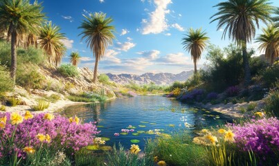 Obraz premium Hidden desert oasis with a tranquil pond surrounded by lush palm trees and vibrant wildflowers.