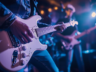 Naklejka premium Musicians perform live in a vibrant setting with electric guitars highlighting the energetic atmosphere of the night