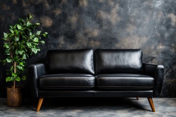 interior design, stylish interior with black leather sofa, mid-century coffee table, plants in pots, against textured wall background