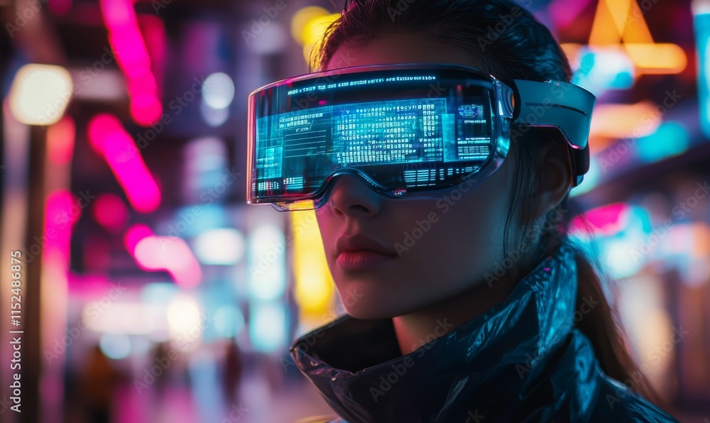 Poster high-tech augmented reality glasses displaying a dynamic interface, worn by a person standing in a n
