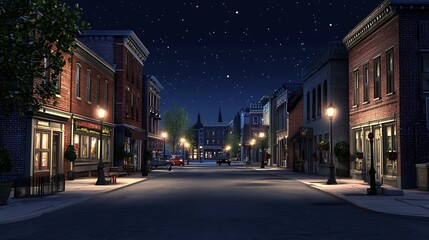 Nighttime Brick Street Town Under Starry Sky