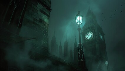 Mysterious, foggy night scene. A lone lamp illuminates an old clock tower, creating a dark, atmospheric mood. Birds fly overhead.