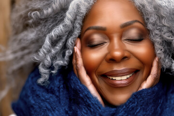 Close up of older African-American woman with hands caressing face, skin care or make up concept