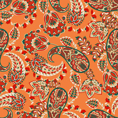 Fototapeta premium Hand drawn floral paisley seamless vector pattern. Batik style fabric