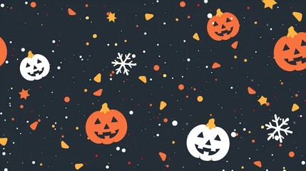 Fototapeta premium A festive pattern featuring smiling pumpkins, snowflakes, and colorful confetti, perfect for Halloween and seasonal celebrations.