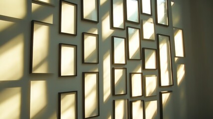 Fototapeta premium Empty picture frames on wall, sunlight.