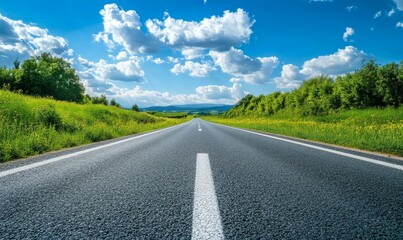 Horizontal view of a road with a white directional arrow, taken at a low angle