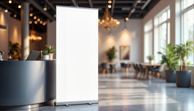 Blank roll-up banner in modern office interior