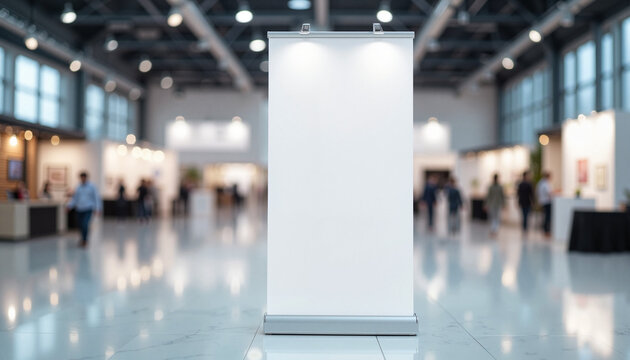 Blank roll-up banner in spacious exhibition hall