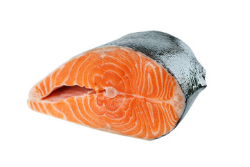 Fresh raw salmon or trout steak isolated on white, transparent background. Sliced fish meat fillet close up, seafood, heathy vegetarian food, cooking ingredient
