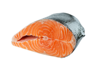 Fresh raw salmon or trout steak isolated on white, transparent background. Sliced fish meat fillet close up, seafood, heathy vegetarian food, cooking ingredient