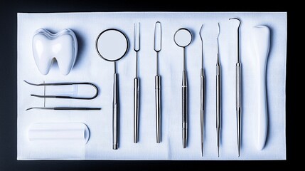 Dental instruments and tooth model on tray.