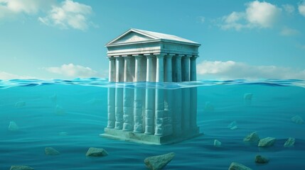 A stunning split view reveals a submerged classical structure, merging the serene depths below with the vibrant sky above.