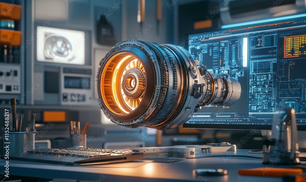 Poster intricate 3d render of a jet engine part displayed on an engineers workstation, glowing precision.