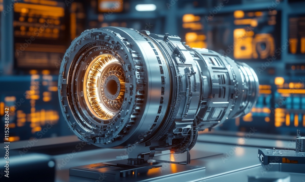 Poster intricate 3d render of a jet engine part displayed on an engineers workstation, glowing precision.
