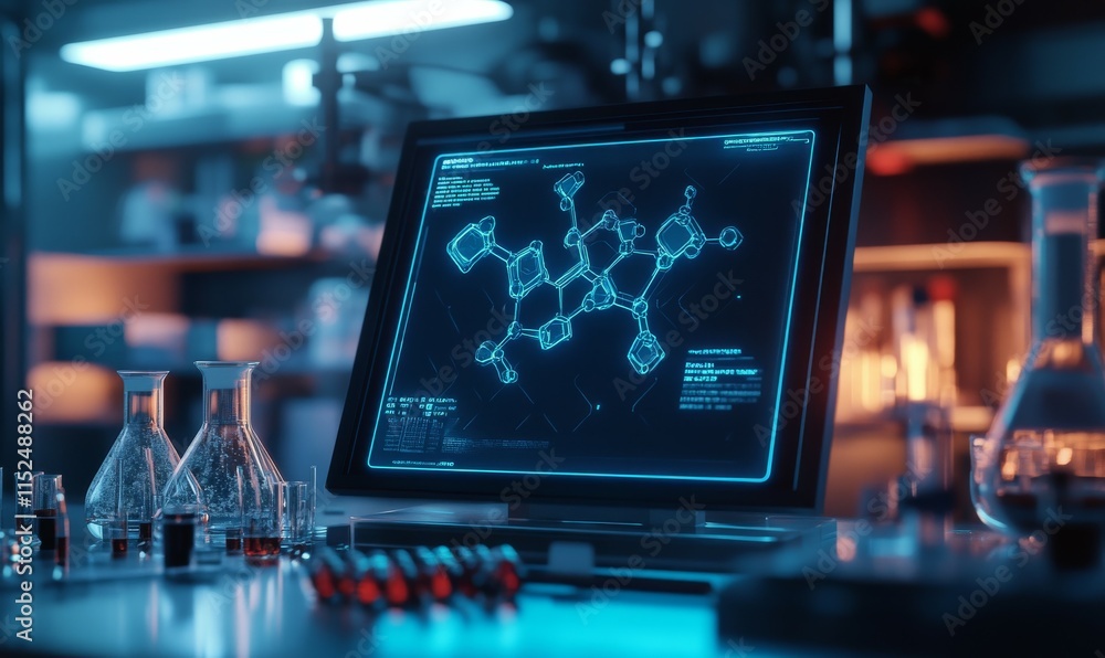 Poster intricate chemical structure displayed on a glowing holographic screen in a futuristic lab.