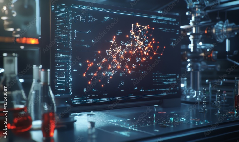 Poster intricate chemical structure displayed on a glowing holographic screen in a futuristic lab.