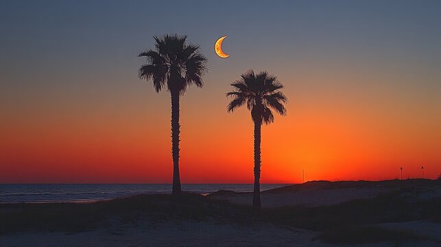 Two palm trees silhouetted against a vibrant sunset and crescent moon over a sandy beach.
