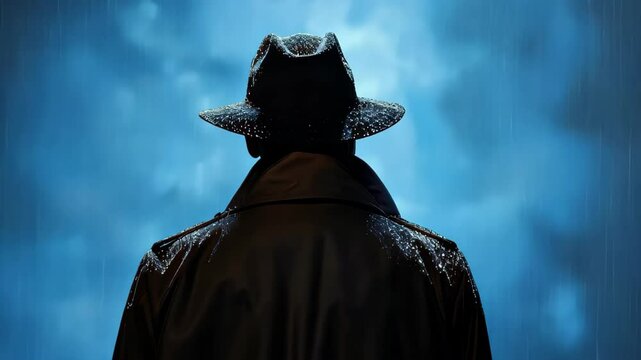Creepy silhouette of a dangerous male in hat and coat on a dark, rainy street at night.