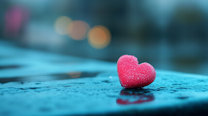 Obraz premium Small pink heart sits on a wet surface reflecting muted city lights during a rainy evening