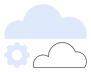 Cloud shapes in blue and black lines with a gear wheel. Ideal for technology, cloud computing, data storage, digital solutions, IT infrastructure, networking, software development. Line metaphor