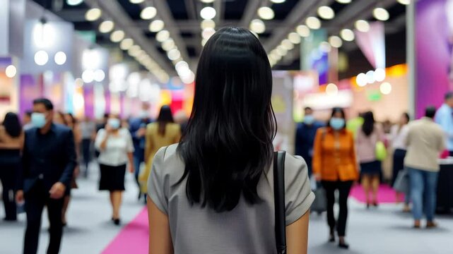 Captivating blurred background of event exhibition hall, illustrating a bustling business trade show concept.