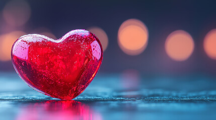 Red heart-shaped object glistening on a reflective surface with soft bokeh background