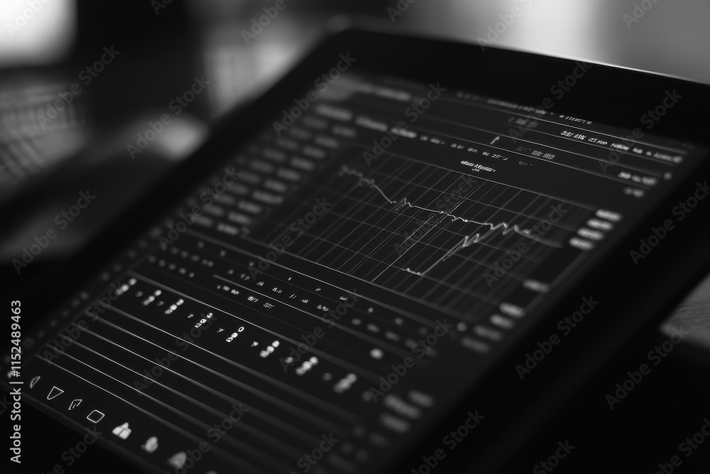 Poster close-up of tablet displaying financial data graph.