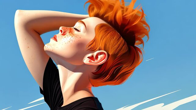 A thoughtful boy with red hair and freckles enjoys a sunny summer day, basking in warmth and joy, illustrated in a cartoon style.