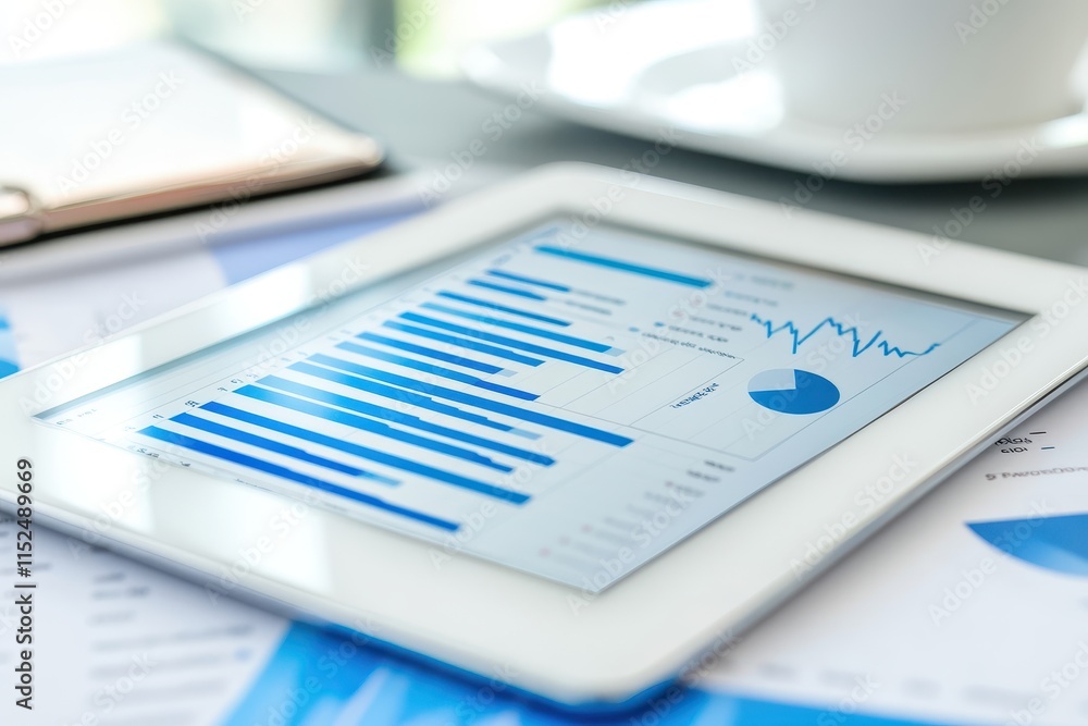Aufkleber tablet displaying financial charts and graphs on a desk.