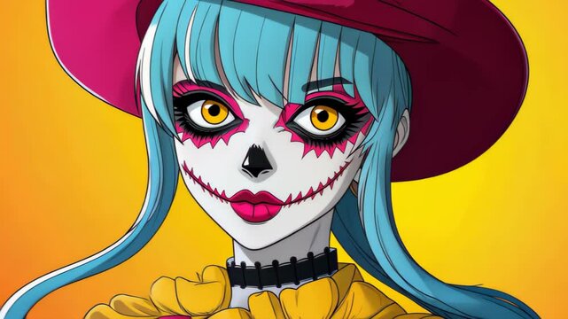 A vibrant cartoon illustration of a chic zombie girl, blending elegance with edgy fashion in a whimsical style.