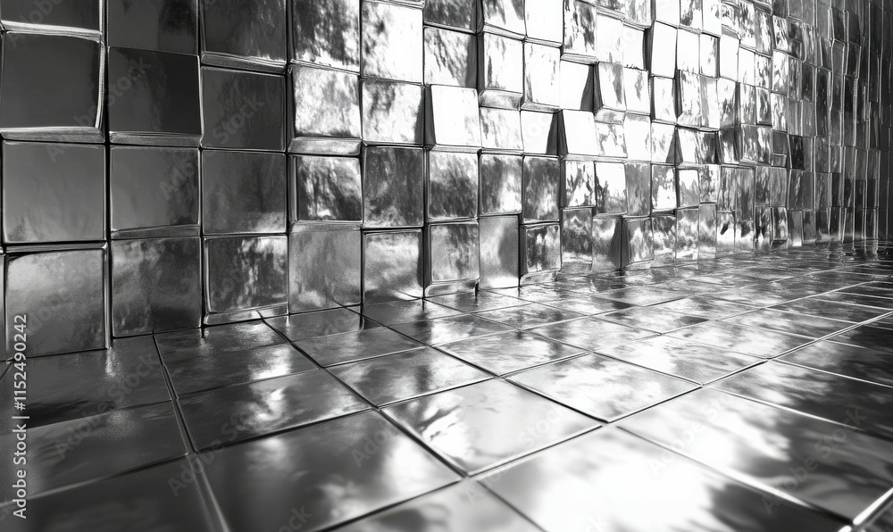 Poster luxurious tiles arranged to create a 3d wall. rectangular, polished background formed from silver bl