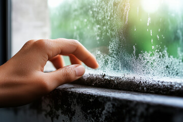 Hand Touching Rainy Window and moldy wall